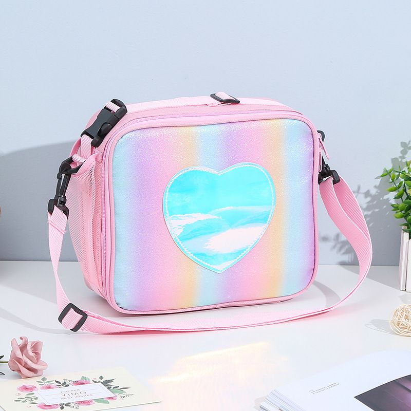Glitter rainbow insulated girls lunch bag with shoulder strap and bottle holder, vibrant rainbow design for kids, brand Everything Baby.