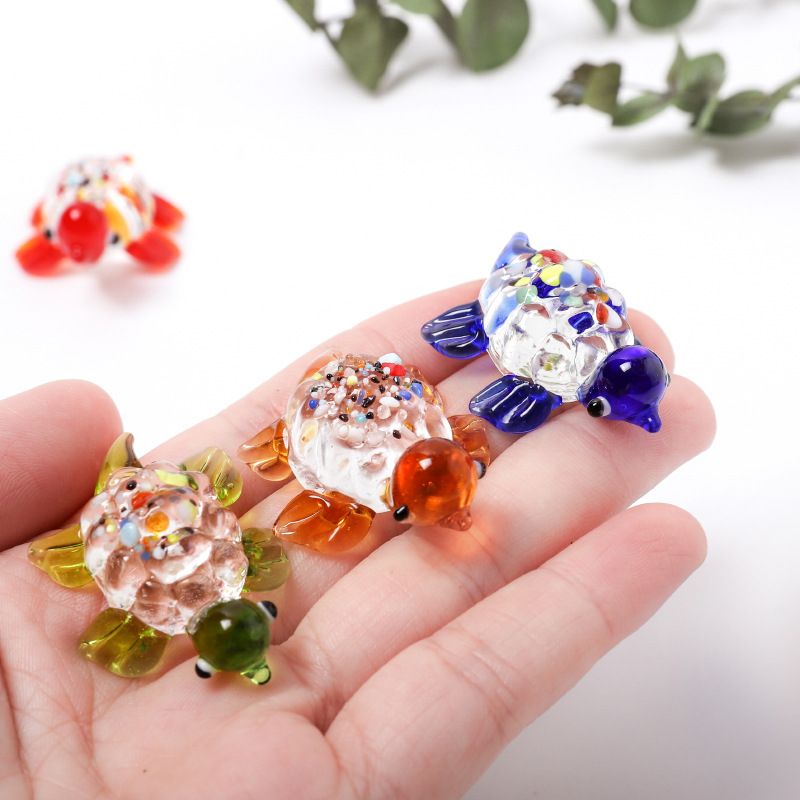 Six handmade tiny glass turtle ornaments by Everything Baby, colorful blown glass figurines for decor and collectibles.