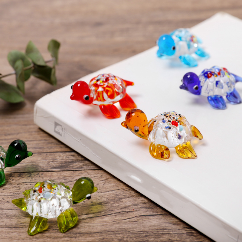 Six handmade tiny glass turtle ornaments by Everything Baby, colorful hand-blown turtle figurines for decor and collectibles.