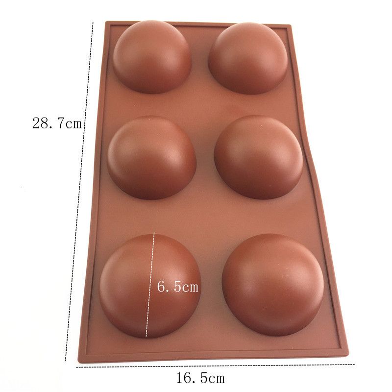 Silicone hot chocolate cocoa bomb mold with 6 large semi-ball cavities for DIY holiday and Valentine’s sphere treats.