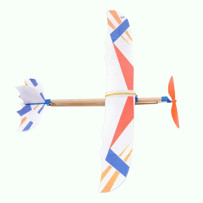 Rubber band powered airplane toy with colorful patterns, suitable for indoor and outdoor pretend play for kids and children.