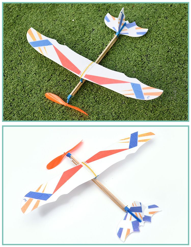 Rubber band powered airplane toy for kids, featuring a colorful random pattern, suitable for indoor and outdoor pretend play.