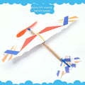 Rubber band powered airplane toy for kids, with colorful random patterns, suitable for indoor and outdoor pretend play.