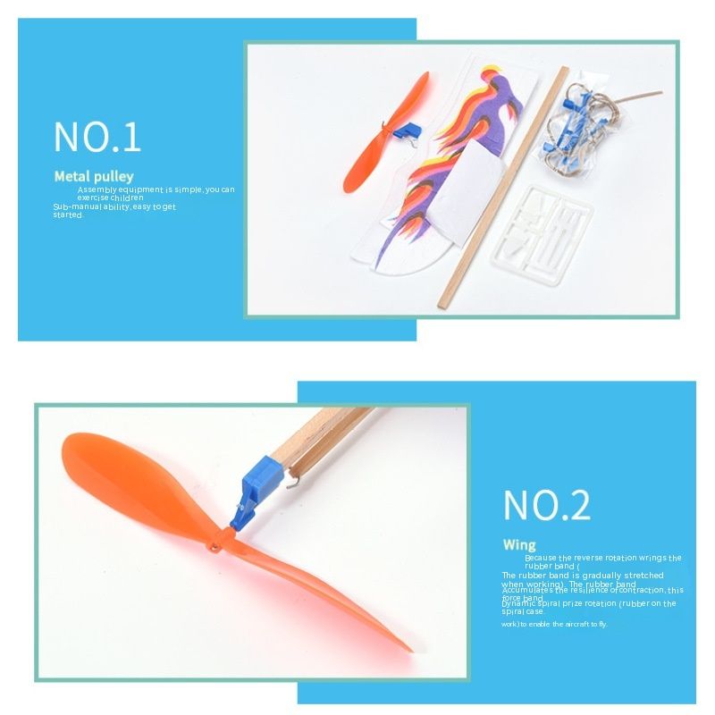 Rubber band powered airplane toy for kids, featuring colorful random patterns, suitable for indoor and outdoor pretend play.
