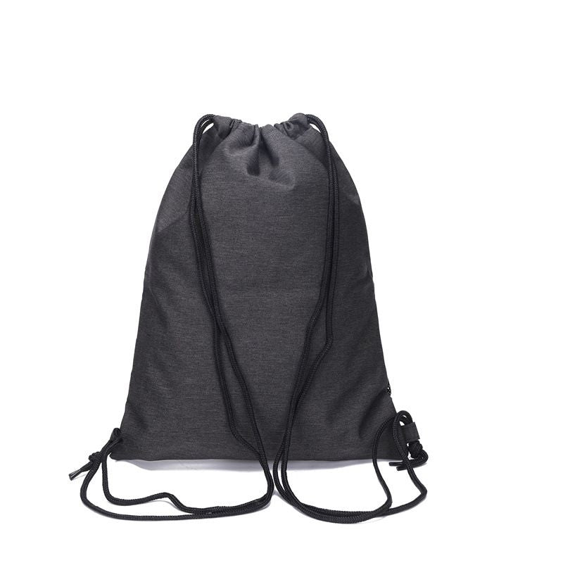 Gray drawstring gym bag with bottle holder, waterproof backpack suitable for sports, gym, travel, and kids.