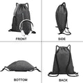 Gray drawstring gym bag with bottle holder, waterproof backpack for sport, gym, or travel, designed for kids by Everything Baby.