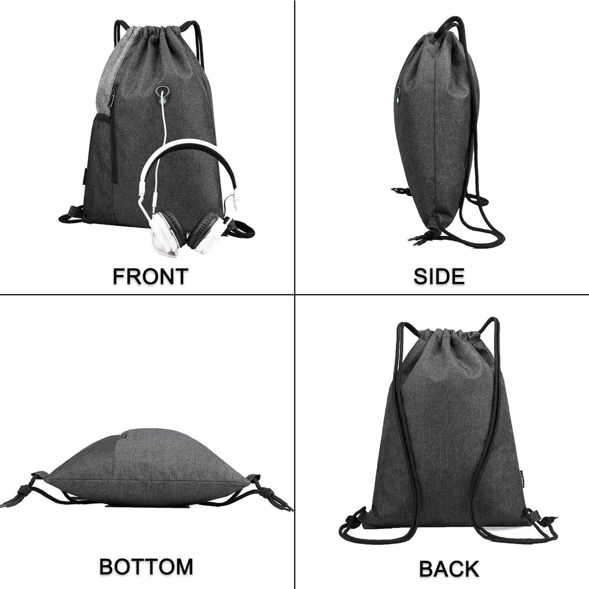 Gray drawstring gym bag with bottle holder, waterproof backpack for sport, gym, or travel, designed for kids by Everything Baby.