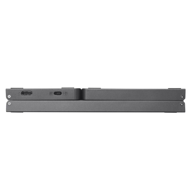 Foldable grey Bluetooth keyboard with number pad, designed for tablets, featuring wireless, multi-device connectivity, and rechargeable.