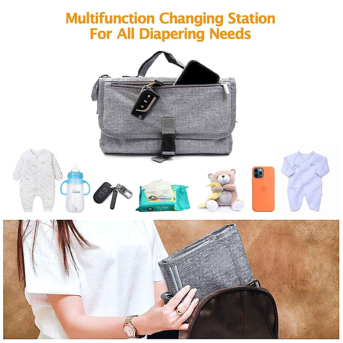 Grey baby portable changing pad and travel bag from Everything Baby, designed for easy diaper changes on the go.