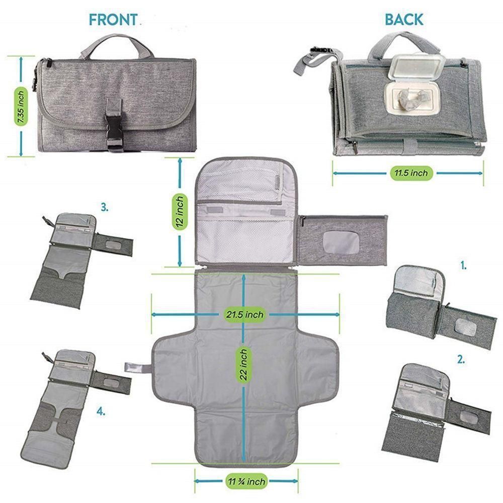 Grey baby portable diaper changing pad with smart design, compact travel bag, ideal for on-the-go diaper changes and baby care.