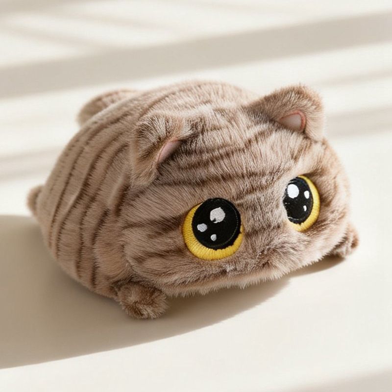 Soft, fluffy Dragon Li plush cat toy with big eyes, perfect for cuddles and play for babies and kids.