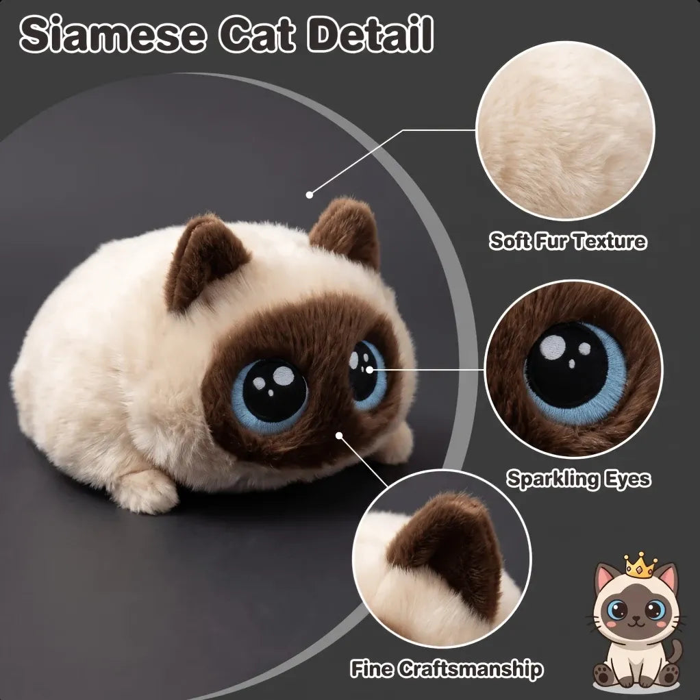 Soft Siamese cat plush toy with big eyes, fluffy texture, perfect for cuddling and play for babies and kids.