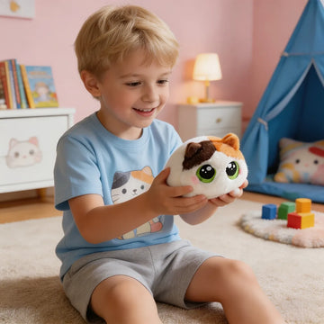 Soft, fluffy calico cat plush toy with big eyes, perfect for cuddles and play for kids, by Everything Baby.