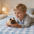 Soft, fluffy calico cat plush toy with big eyes, perfect for cuddling and playtime, designed for babies and kids.
