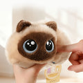 Soft, fluffy calico cat plush toy with big eyes, perfect for cuddling and play for babies and kids.