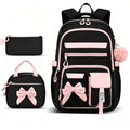 Black girly 3-piece kids' backpack set from Everything Baby, includes durable nylon, water-resistant backpack, lunch bag, perfect for school.