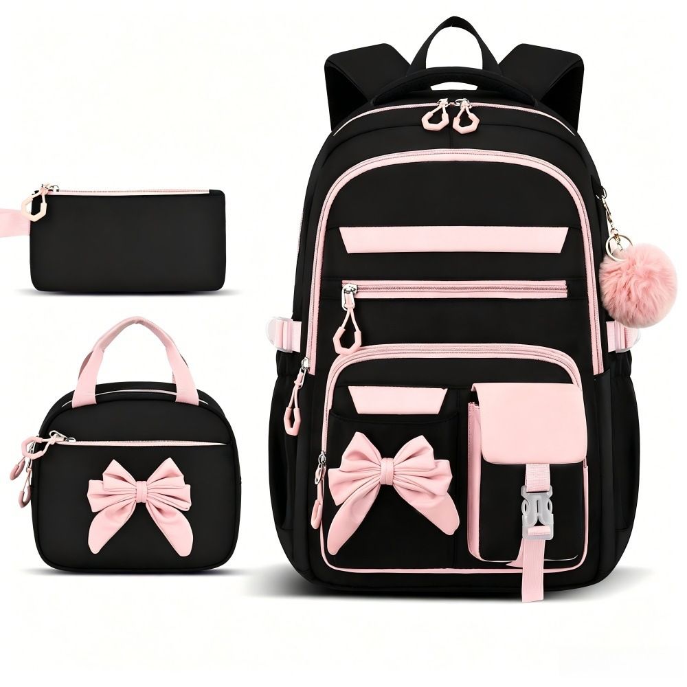 Black girly 3-piece kids' backpack set from Everything Baby, includes durable nylon, water-resistant backpack, lunch bag, perfect for school.