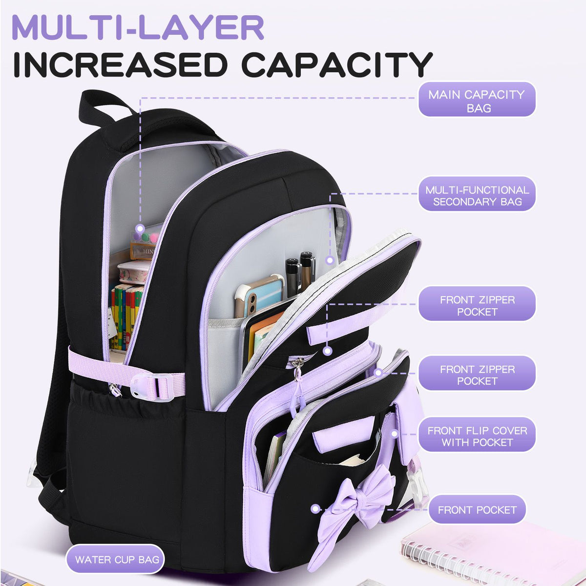 Black girly 3-piece kid's backpack set by Everything Baby featuring durable, water-resistant nylon, large capacity, and insulated lunch bag.
