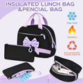 Girl's 3-piece spine-protecting backpack set by Everything Baby, featuring lightweight nylon backpacks with insulated lunch bag in black.