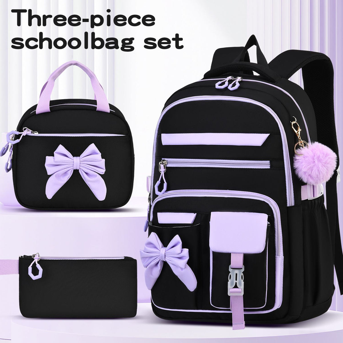 Girl's 3-piece spine-protecting backpack set by Everything Baby, includes durable nylon backpacks and insulated lunch bag in black.
