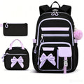 Black girly 3-piece kids' backpack set with water-resistant nylon, large capacity, insulated lunch bag, ideal for school and travel.