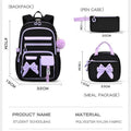 Girl's 3-piece backpack set with durable nylon, water-resistant design, large capacity, includes insulated lunch bag, in black and purple.