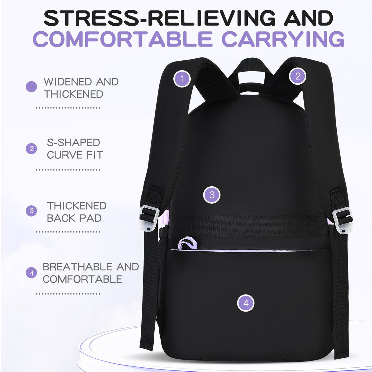 Black and purple girly 3-piece kids' backpack set from Everything Baby, includes water-resistant nylon backpack and insulated lunch bag.