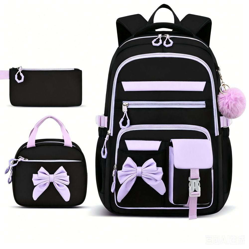 Girly 3-piece kid's backpack set by Everything Baby with durable water-resistant nylon, large capacity, and insulated lunch bag in black and purple.