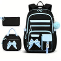 Black and blue girly 3-piece kids' backpack set with water-resistant nylon, insulated lunch bag, lightweight, large capacity for school or travel.
