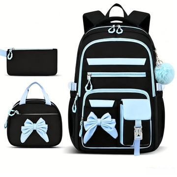 Black and blue girly 3-piece kids' backpack set with water-resistant nylon, insulated lunch bag, lightweight, large capacity for school or travel.