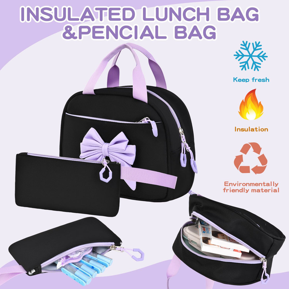 Girl's 3-piece backpack set with water-resistant nylon, large capacity, includes insulated lunch bag, ideal for school and travel.