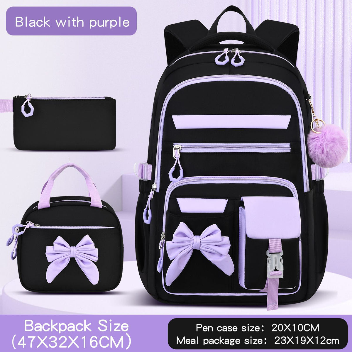 Black and blue girly 3-piece kids' backpack set with spine protection, water-resistant nylon, large capacity, includes insulated lunch bag.