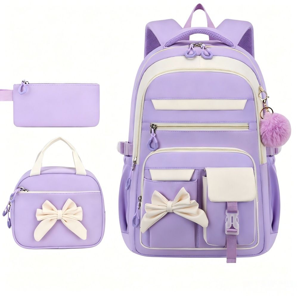 Pink and white girly 3-piece kids' backpack set by Everything Baby, includes water-resistant nylon backpack and insulated lunch bag.