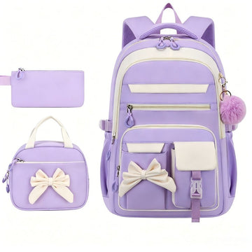 Pink and white girly 3-piece kids' backpack set by Everything Baby, includes water-resistant nylon backpack and insulated lunch bag.
