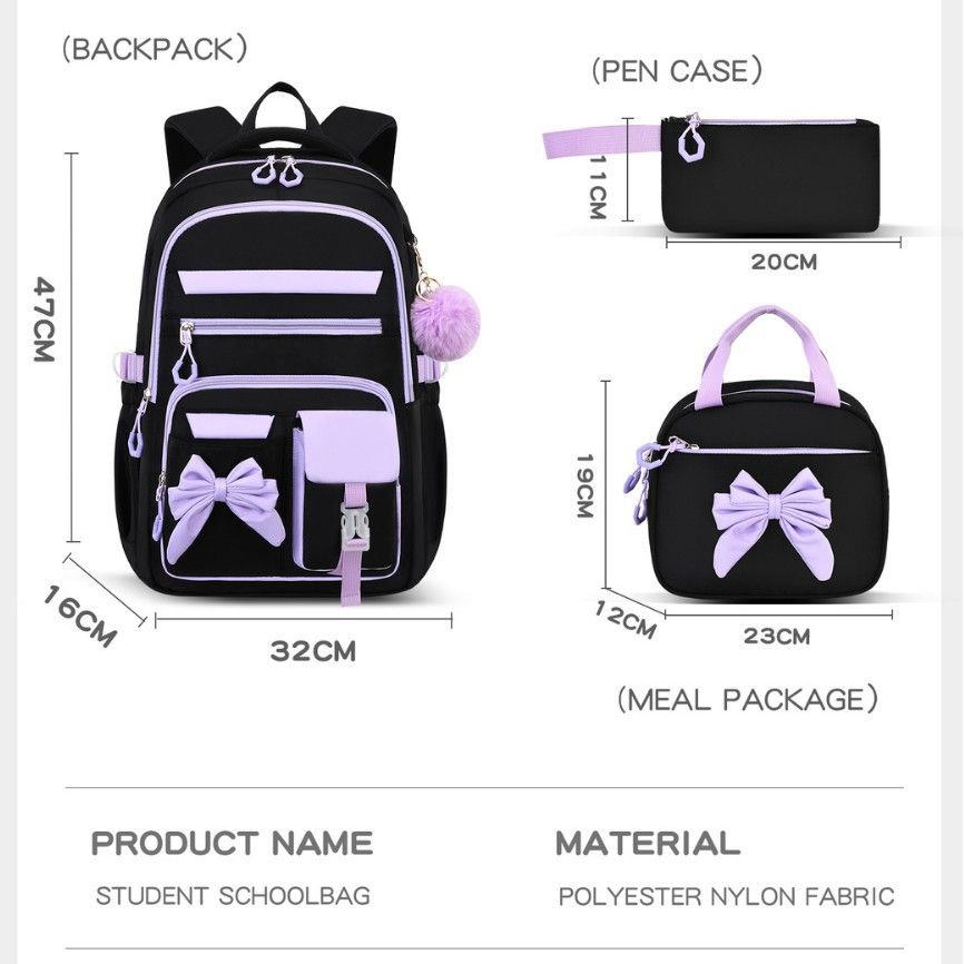 Pink and white girl’s 3-piece kids' backpack set with water-resistant nylon, large capacity, insulated lunch bag for school and travel.