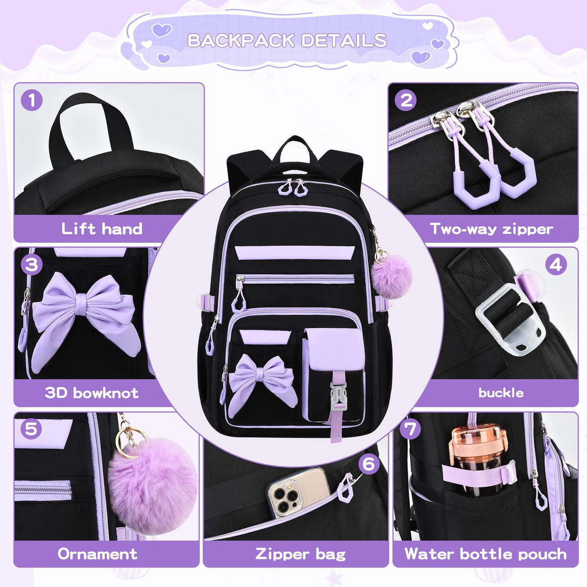 Pink and white girly 3-piece kid's backpack set with water-resistant nylon, insulated lunch bag, lightweight, large capacity for school or travel