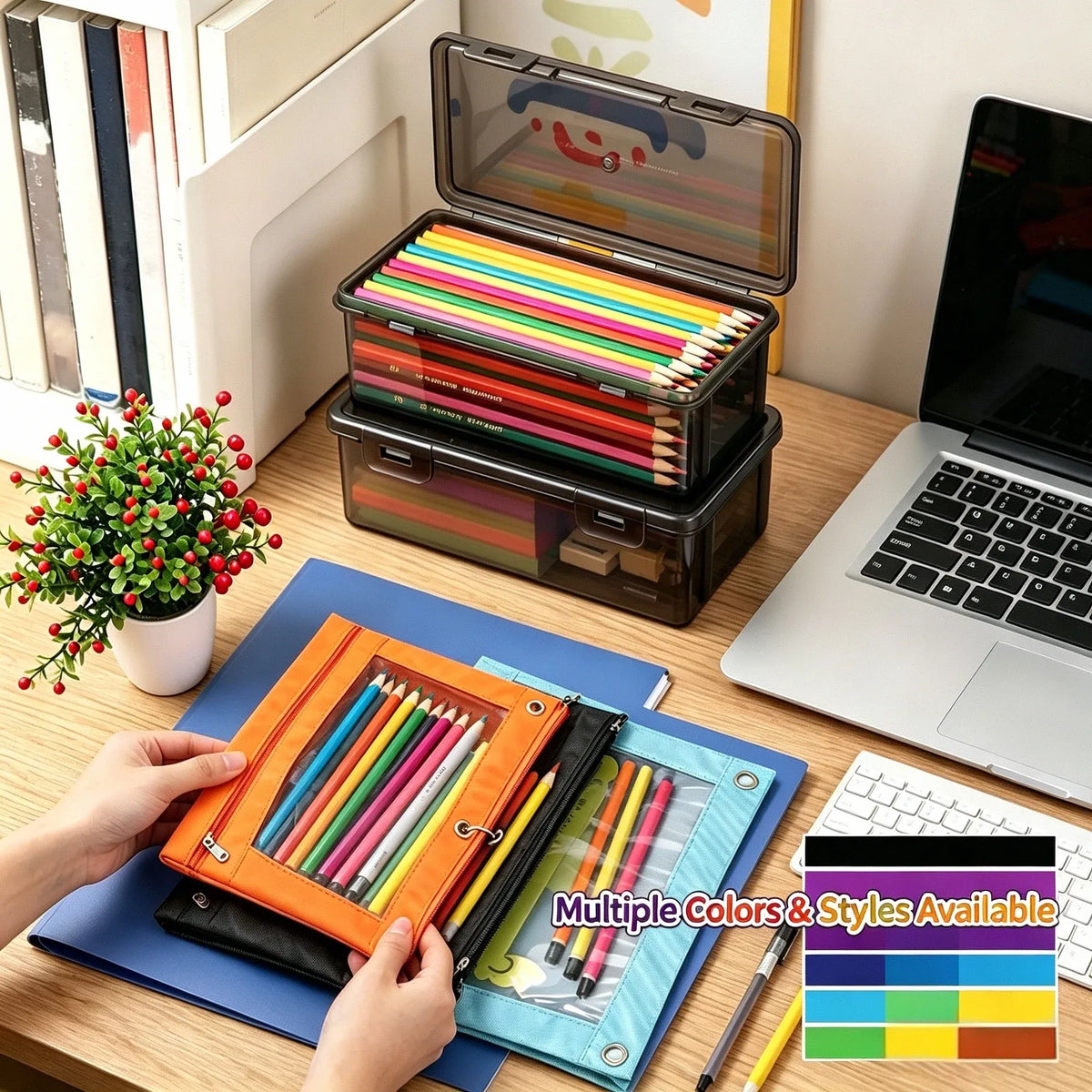 Large clear plastic pencil case with snap lid, ideal for storing crayons, markers, and art supplies for kids.