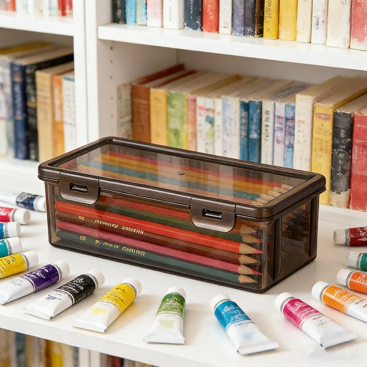 Large clear plastic pencil case with snap lid, ideal for kids' art supplies, crayon and marker storage by Everything Baby.