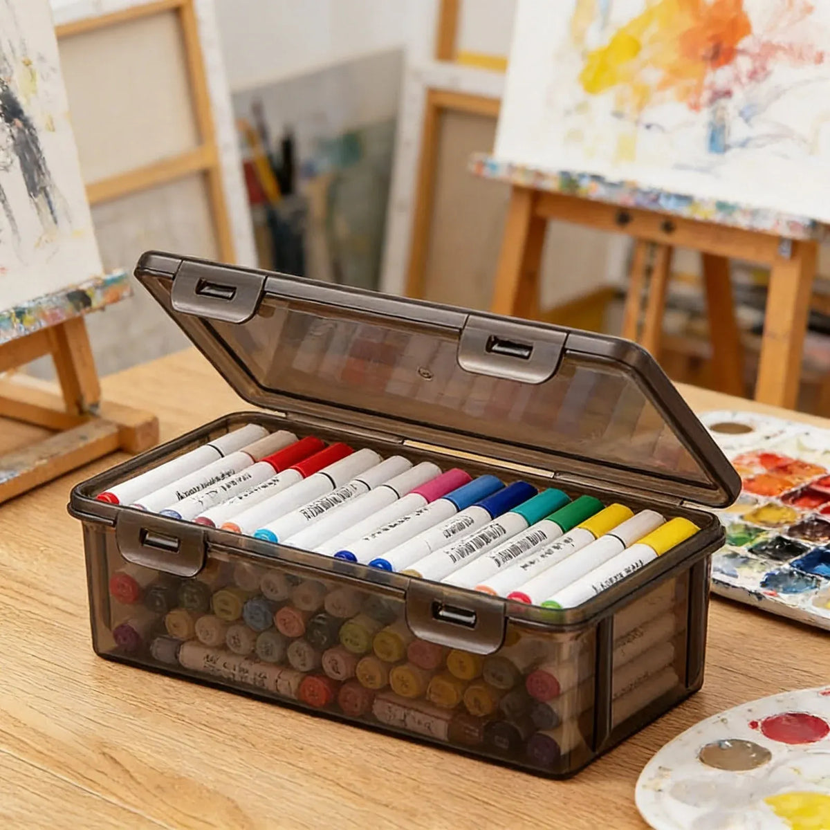 Large clear plastic pencil case with snap tight lid, ideal for storing crayons, markers, and art supplies for kids.