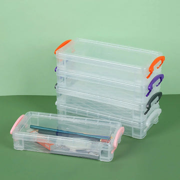 Large clear plastic pencil case with snap-tight lid, ideal for storing crayons, markers, and pens for kids.