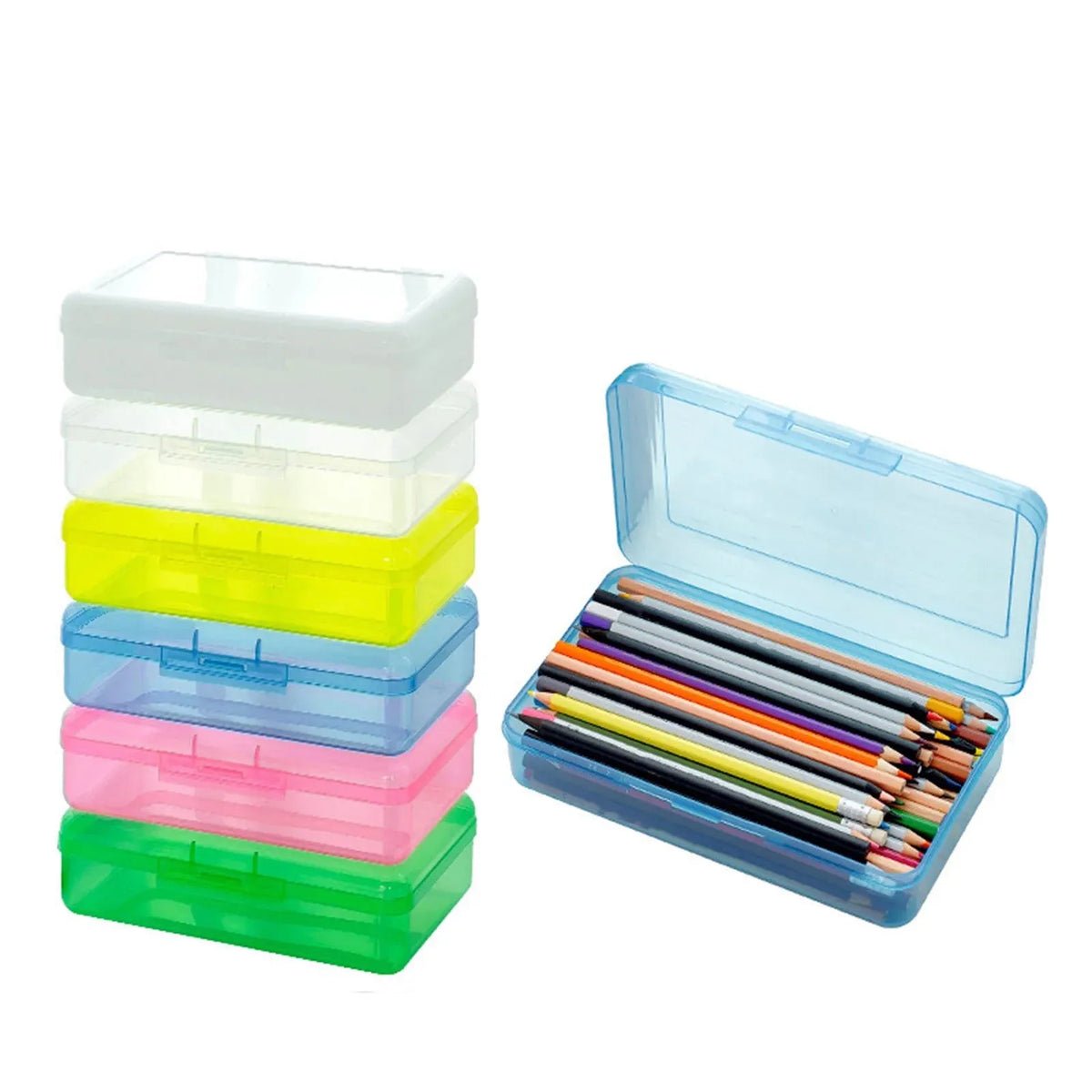 Large clear plastic pencil case with snap lid, ideal for crayons, markers, and kids' stationery storage by Everything Baby.