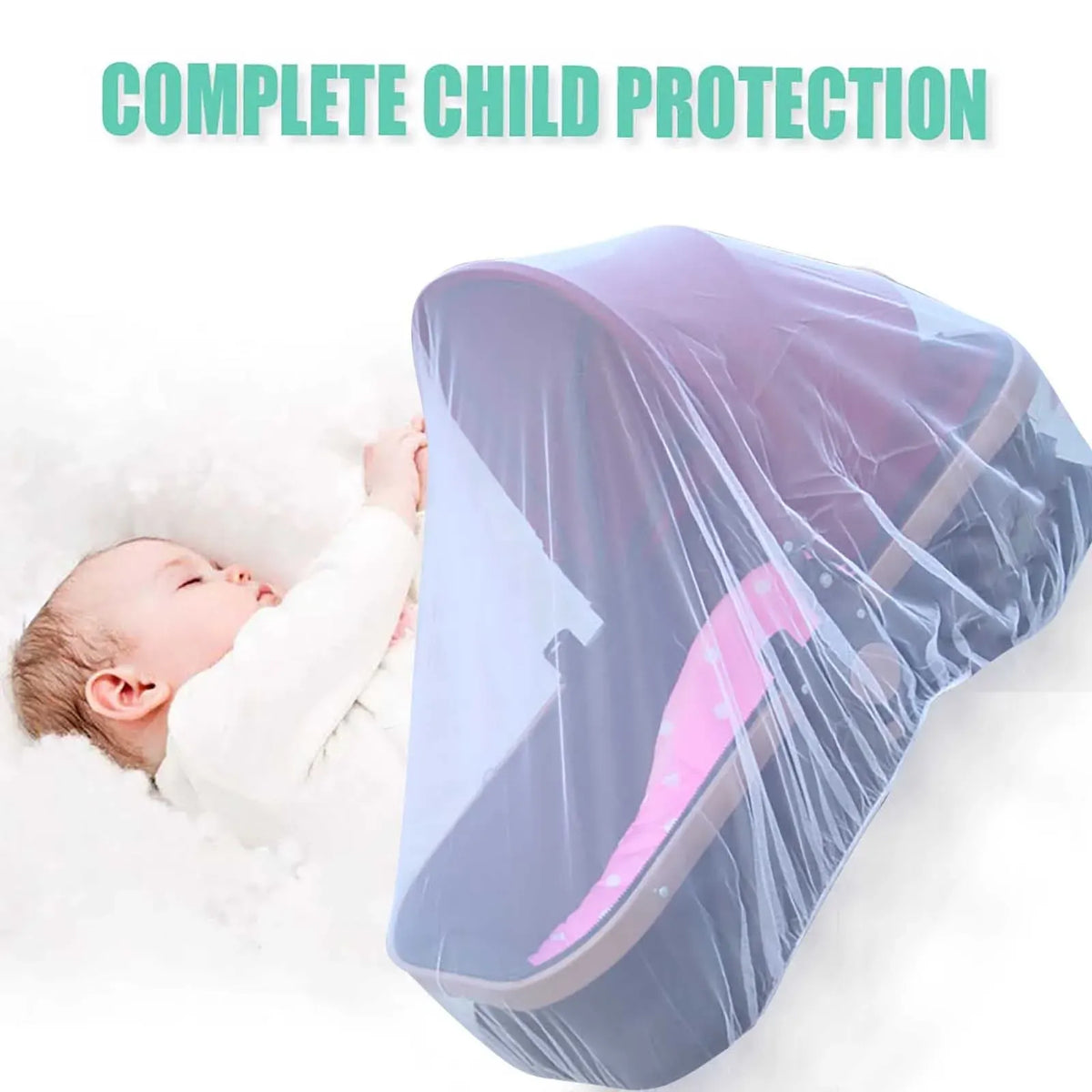 Blue breathable polyester mesh mosquito net cover for baby stroller and car seat, provides insect protection for baby and kids.