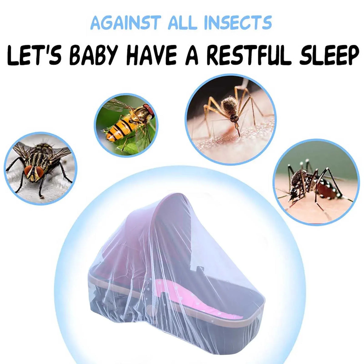 Blue breathable polyester mesh universal stroller mosquito net cover for car seats and carriers by Everything Baby.
