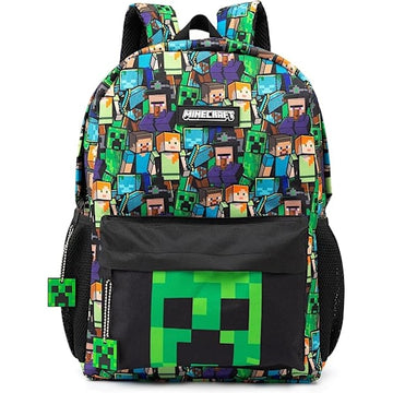 Minecraft Backpack for Boys | Black School Bag for Kids | Green Creeper Zombie Skeleton Enderman & Cave Spider-max