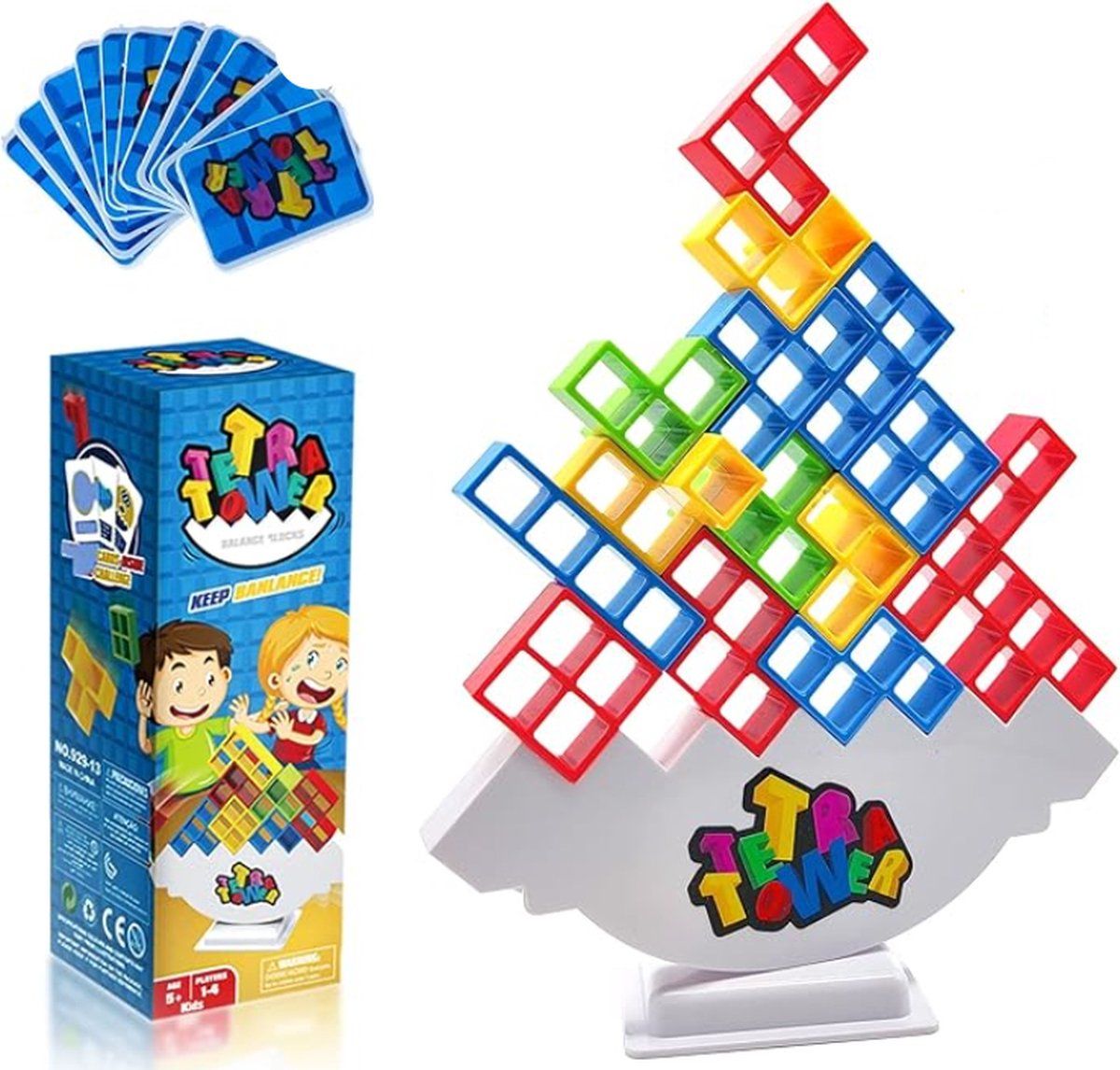 Colorful 48-piece Tetra Tower balance game and 3D building puzzle set by Everything Baby, perfect for kids and family game night.