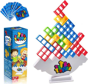 Colorful 48-piece Tetra Tower balance game and 3D building puzzle set by Everything Baby, perfect for kids and family game night.