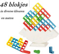 Colorful 48-piece Tetra Tower balance game by Everything Baby, a 3D stacking puzzle set for kids and family building fun.
