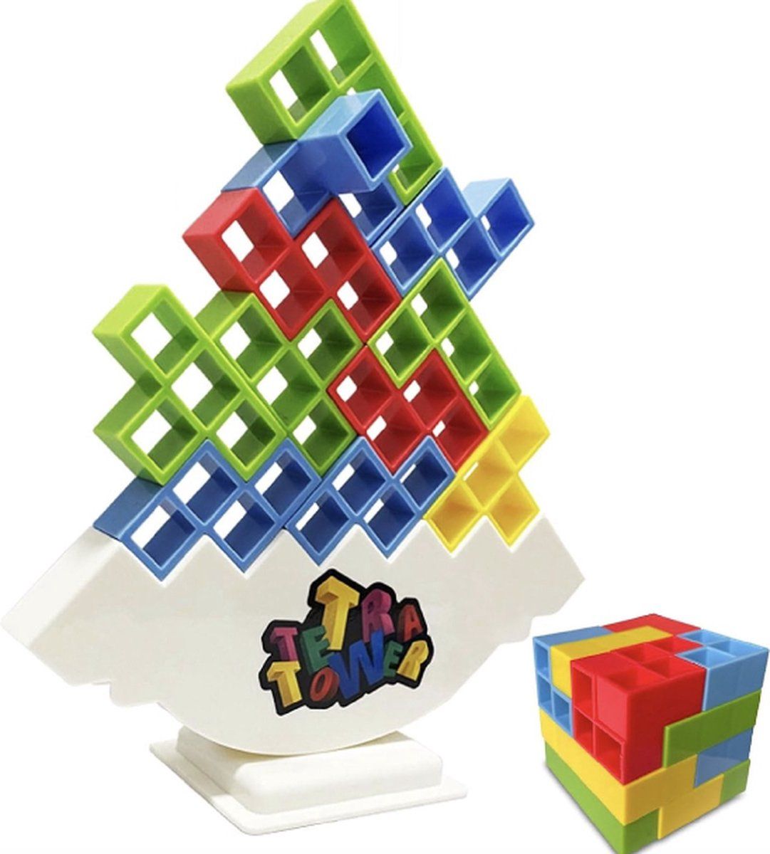 Colorful 48-piece Tetra Tower balance game and 3D building puzzle set by Everything Baby, ideal for kids and family game night.