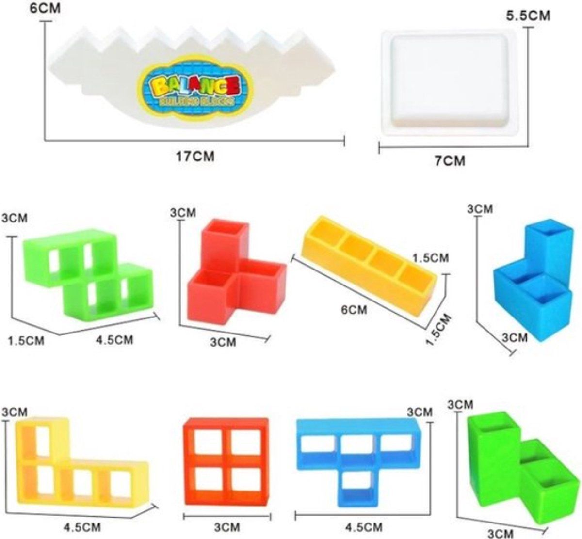 Colorful 48-piece Tetra Tower balance game and 3D building puzzle set by Everything Baby for kids and family fun.