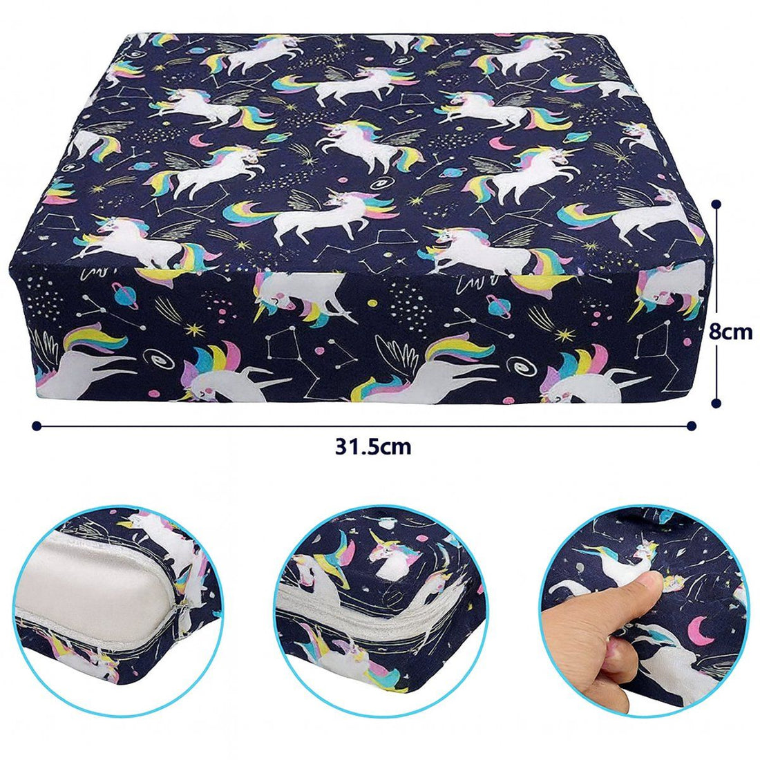 Blue unicorn print toddler booster seat cushion with adjustable safety straps, washable polyester cover, 8cm height, 32x32cm size.